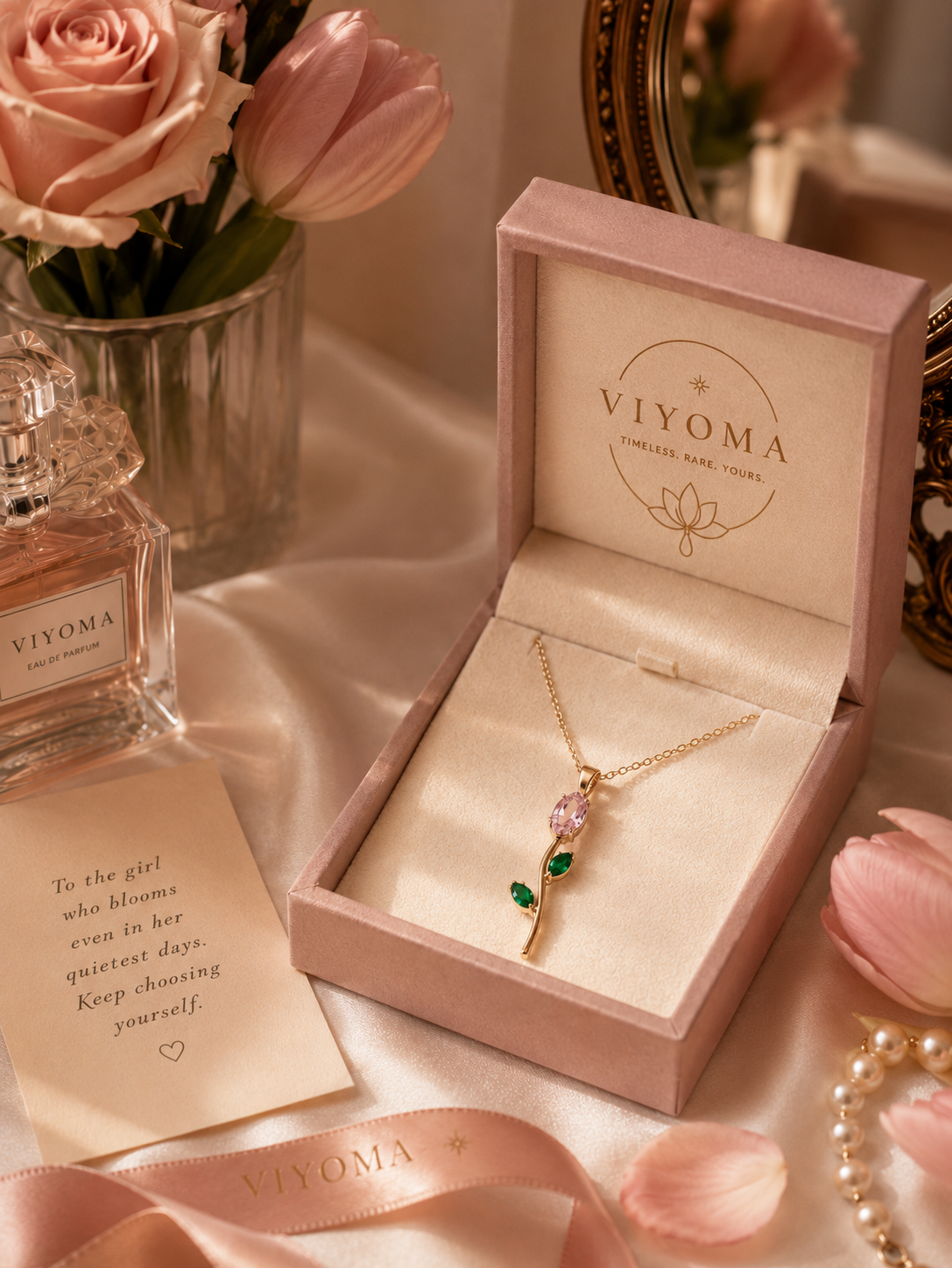 VIYOMA Sakura Tulip Pendant presented in premium VIYOMA packaging alongside pink tulips, pearls, perfume, and satin fabric, creating a romantic gifting display.