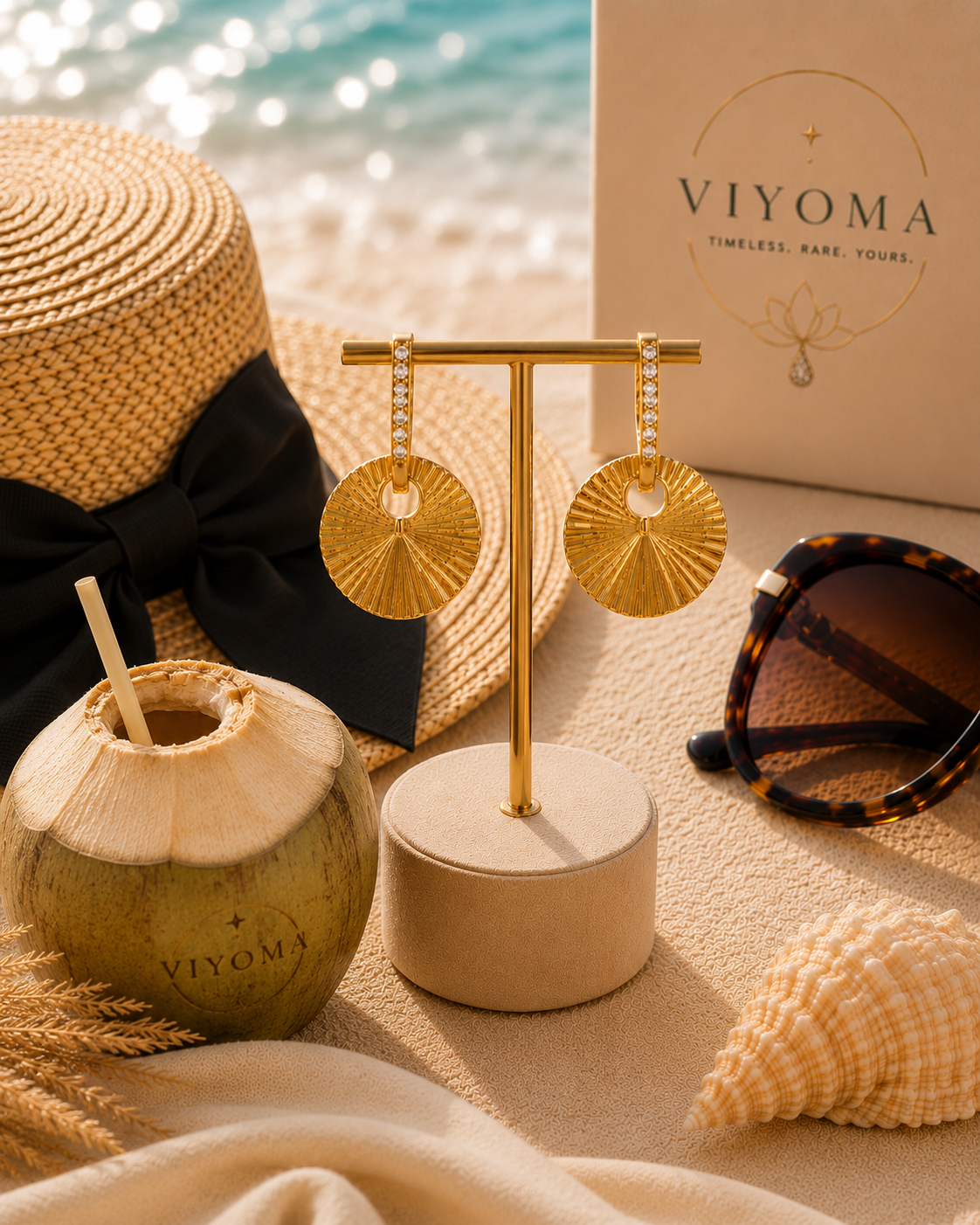 VIYOMA Sun-Flare Luxe Hoops textured gold statement earrings on luxury beach-inspired display