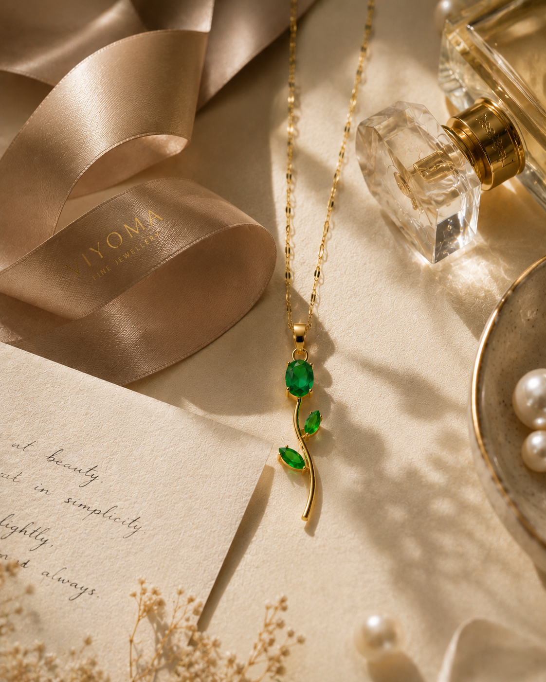 VIYOMA Emerald Tulip Pendant displayed on an elegant vanity setup with satin ribbon, perfume bottle, pearls, and soft golden lighting, highlighting its emerald-green crystal floral design.