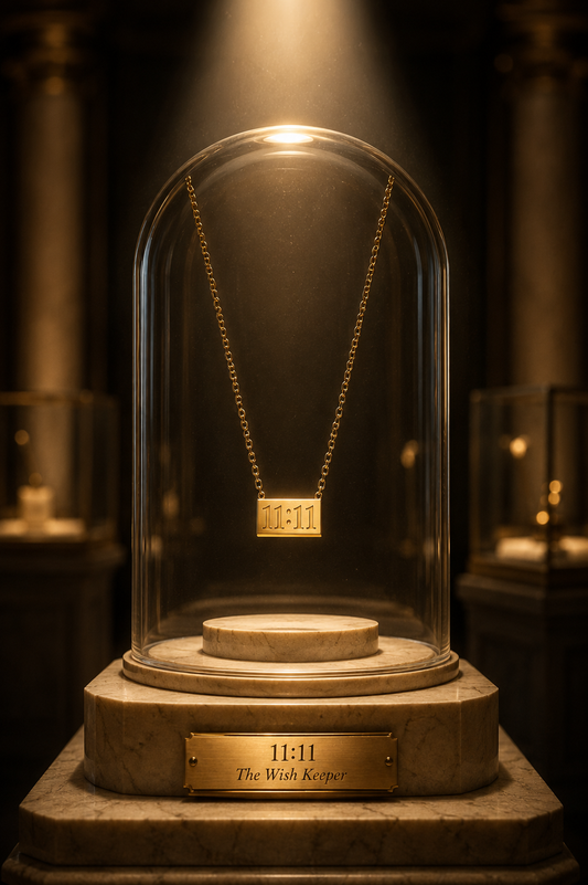 VIYOMA 11:11 Manifest Pendant suspended inside a luxury glass display dome with warm spotlighting, highlighting the gold angel number necklace.
