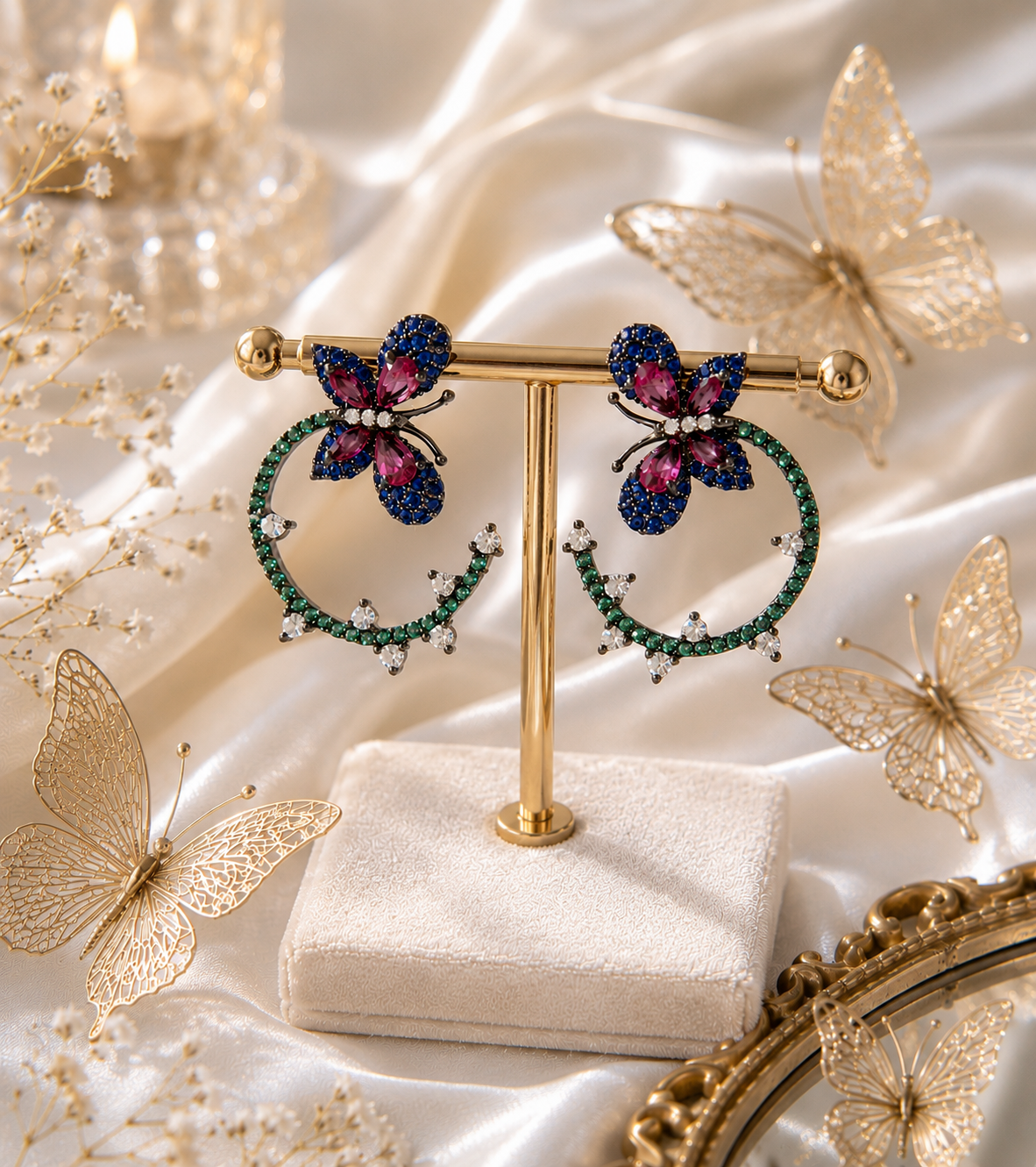 VIYOMA Enchanted Flutter Hoops butterfly crystal earrings with pink, blue and green gemstones displayed on a luxury gold jewelry stand