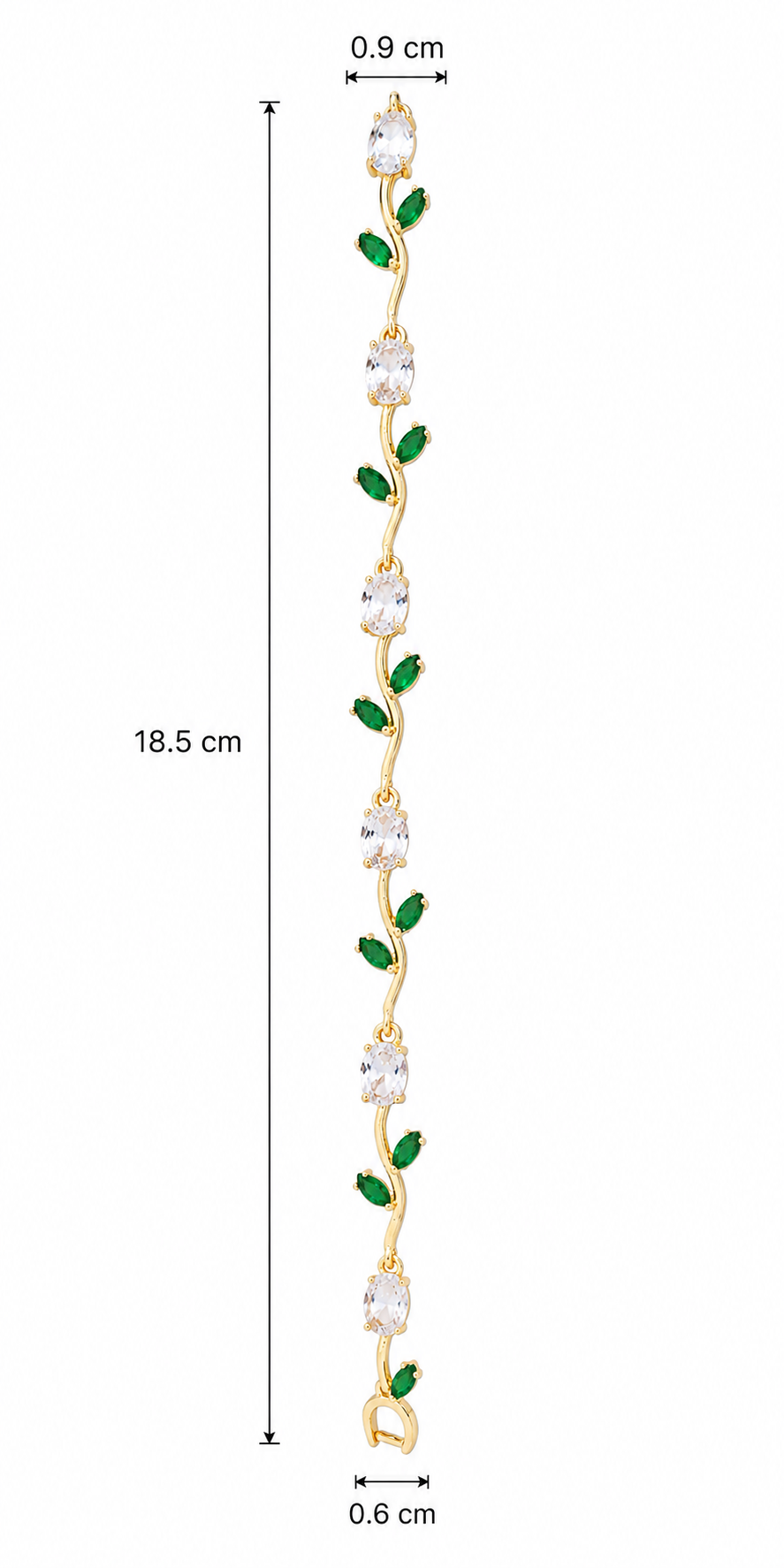 Size guide for the VIYOMA Whispering Ivy Tulip Bracelet showing an 18.5 cm length with emerald-green leaf crystals and clear stones in a gold-tone floral vine design.