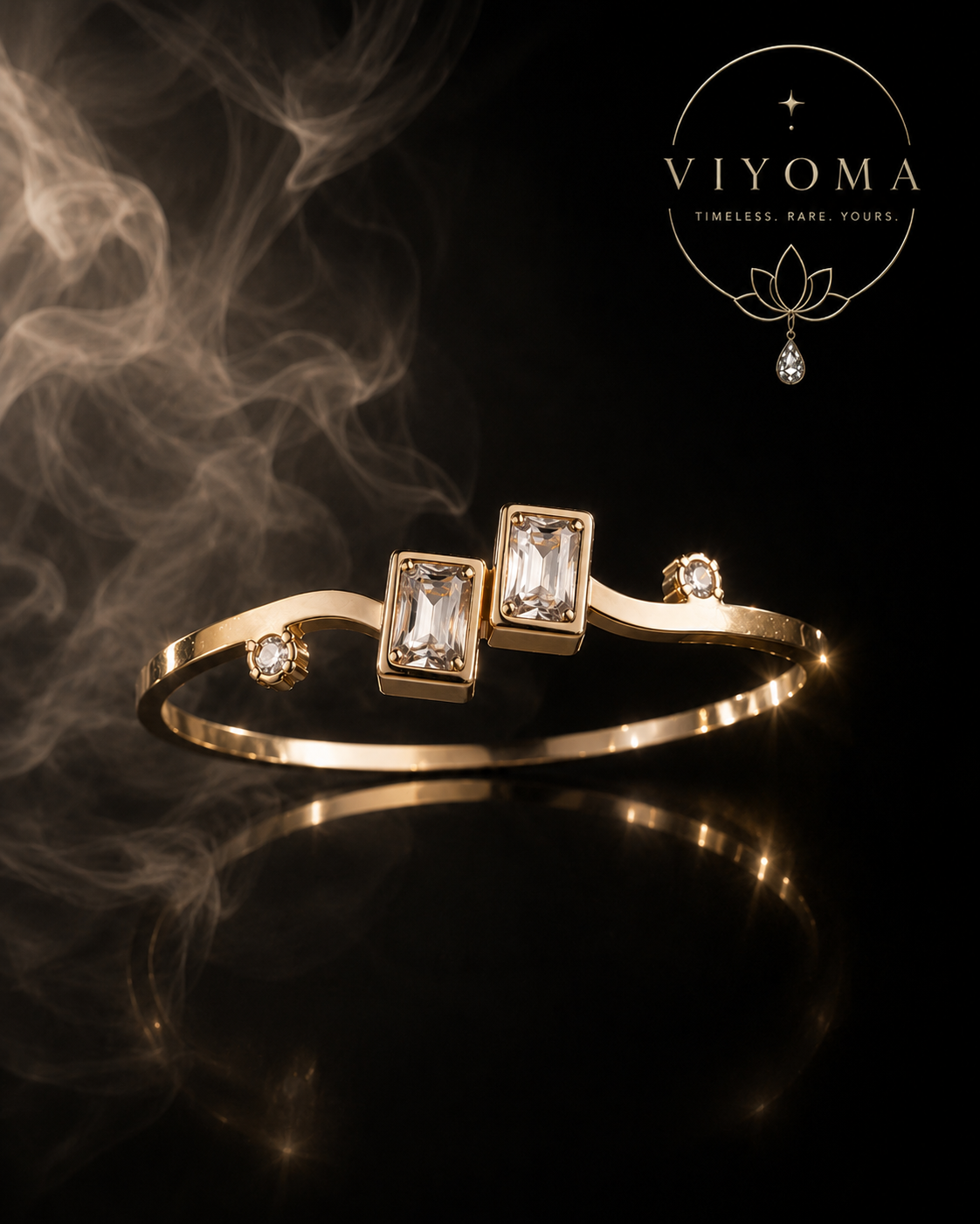 VIYOMA Moonveil Crystal Cuff featuring sparkling baguette-cut crystals and a sleek gold-tone open cuff displayed against a luxurious black background.
