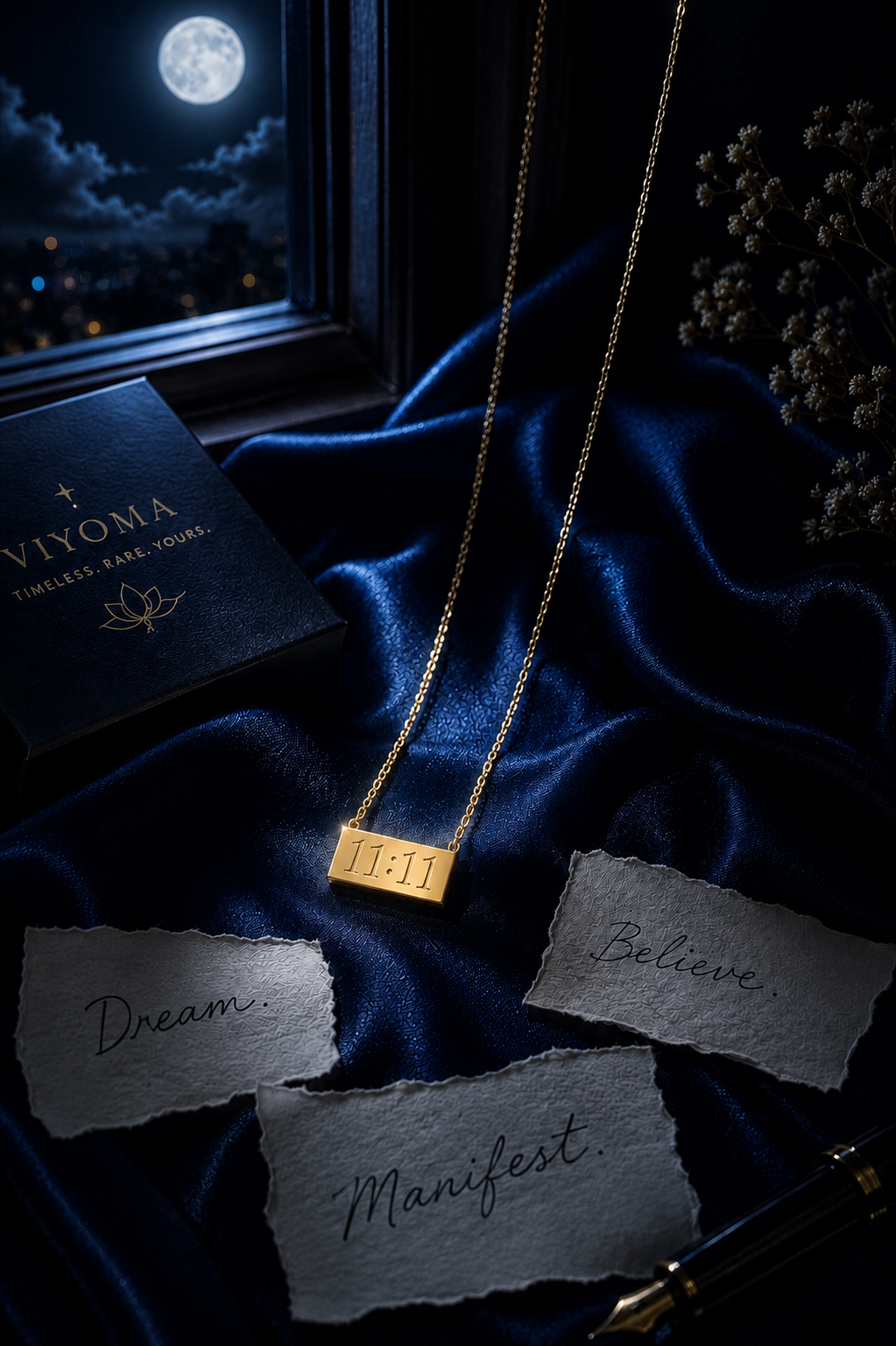 Close-up portrait of a woman wearing the VIYOMA 11:11 Manifest Pendant necklace against a glowing 11:11 backdrop, representing alignment and new beginnings.