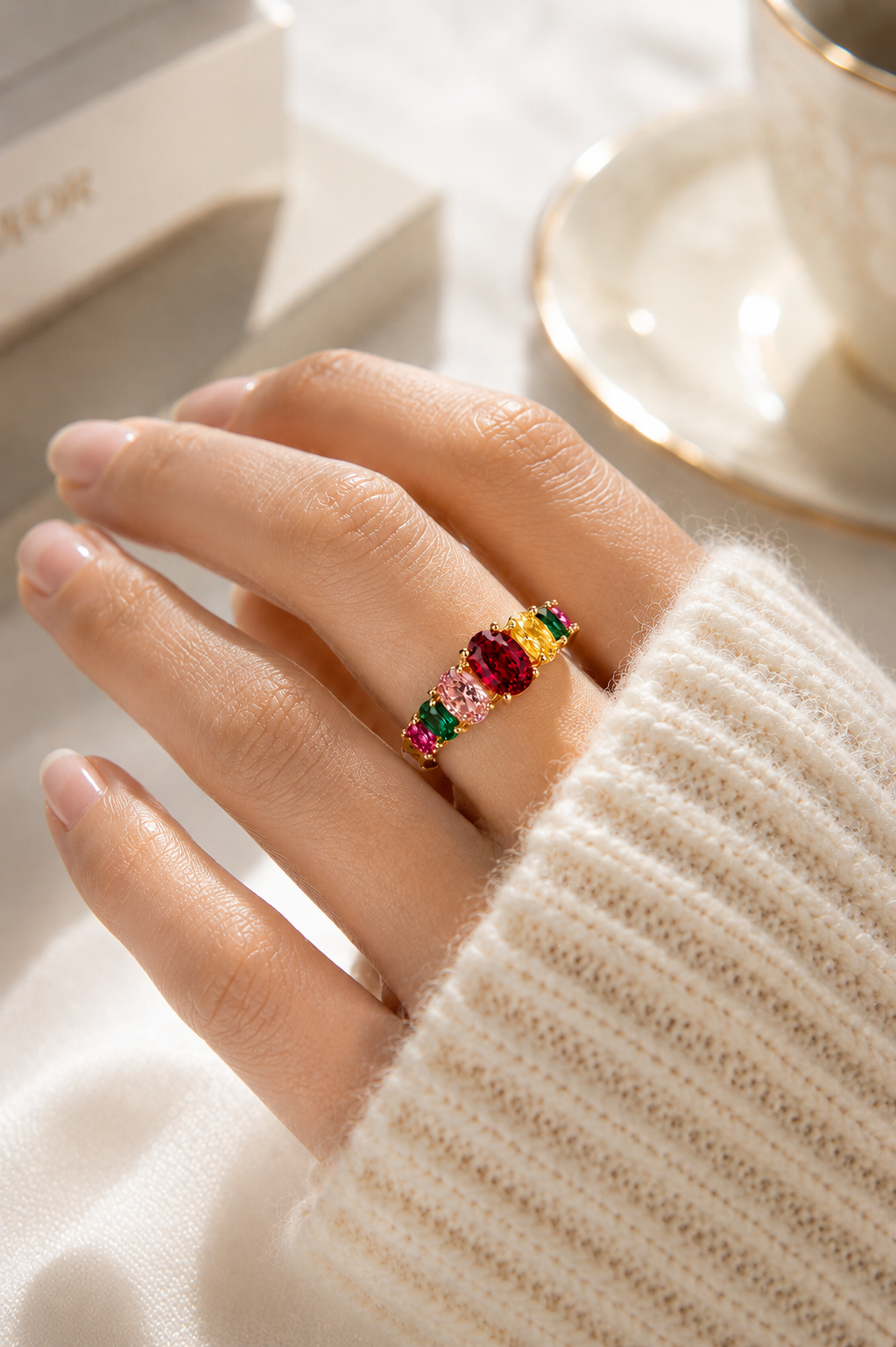 Close-up of the VIYOMA Regal Spectrum Ring worn on hand, highlighting its multicolor crystal design, gold-tone finish, and sophisticated statement style.