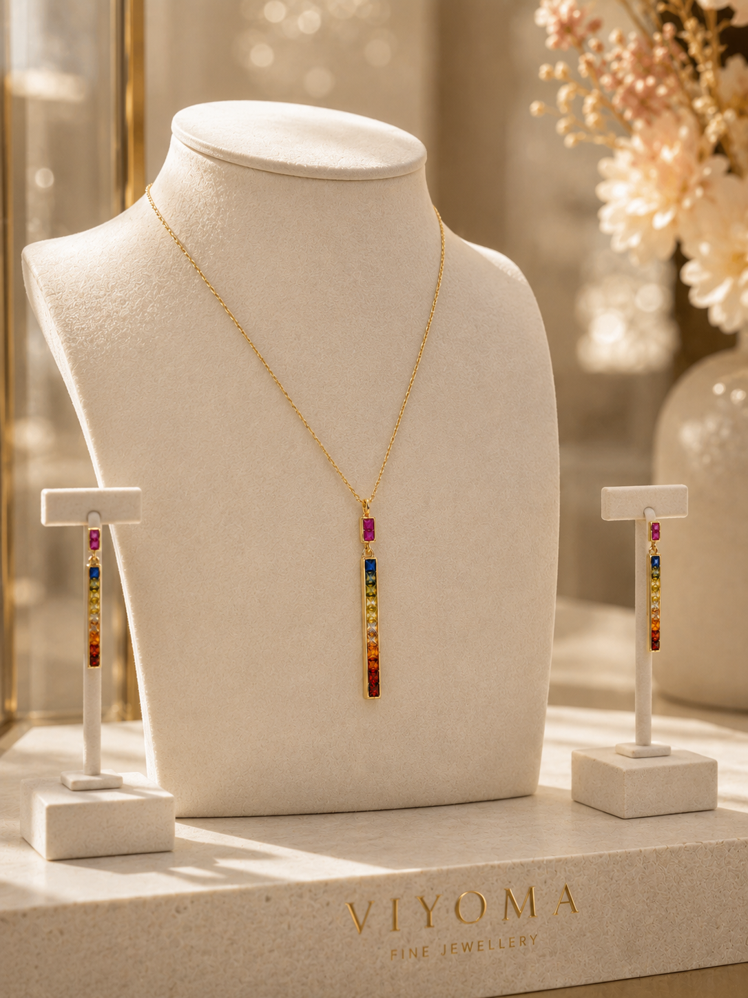 VIYOMA Spectrum Prism Set displayed on a premium jewelry bust, highlighting multicolor crystal bar pendant and matching drop earrings in a gold-tone setting.