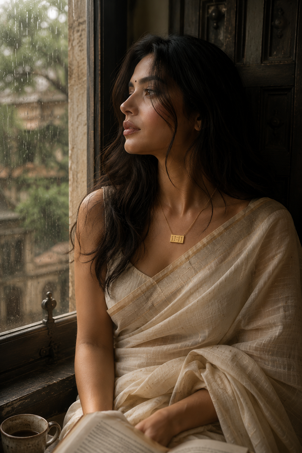 Woman wearing the VIYOMA 11:11 Manifest Pendant necklace with an elegant ivory saree while sitting beside a rainy window, showcasing minimalist spiritual jewellery.