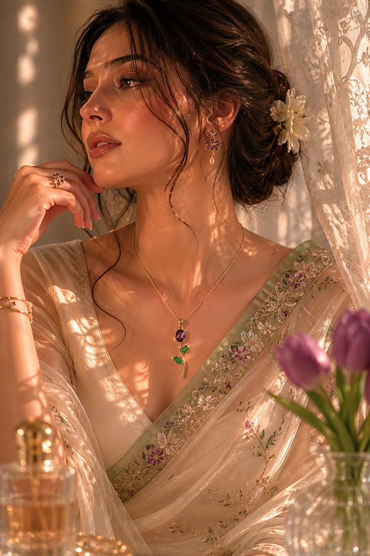 Model in an embroidered ivory saree wearing the VIYOMA Amethyst Tulip Pendant, showcasing a radiant purple crystal tulip design with emerald-green leaves in warm natural sunlight.