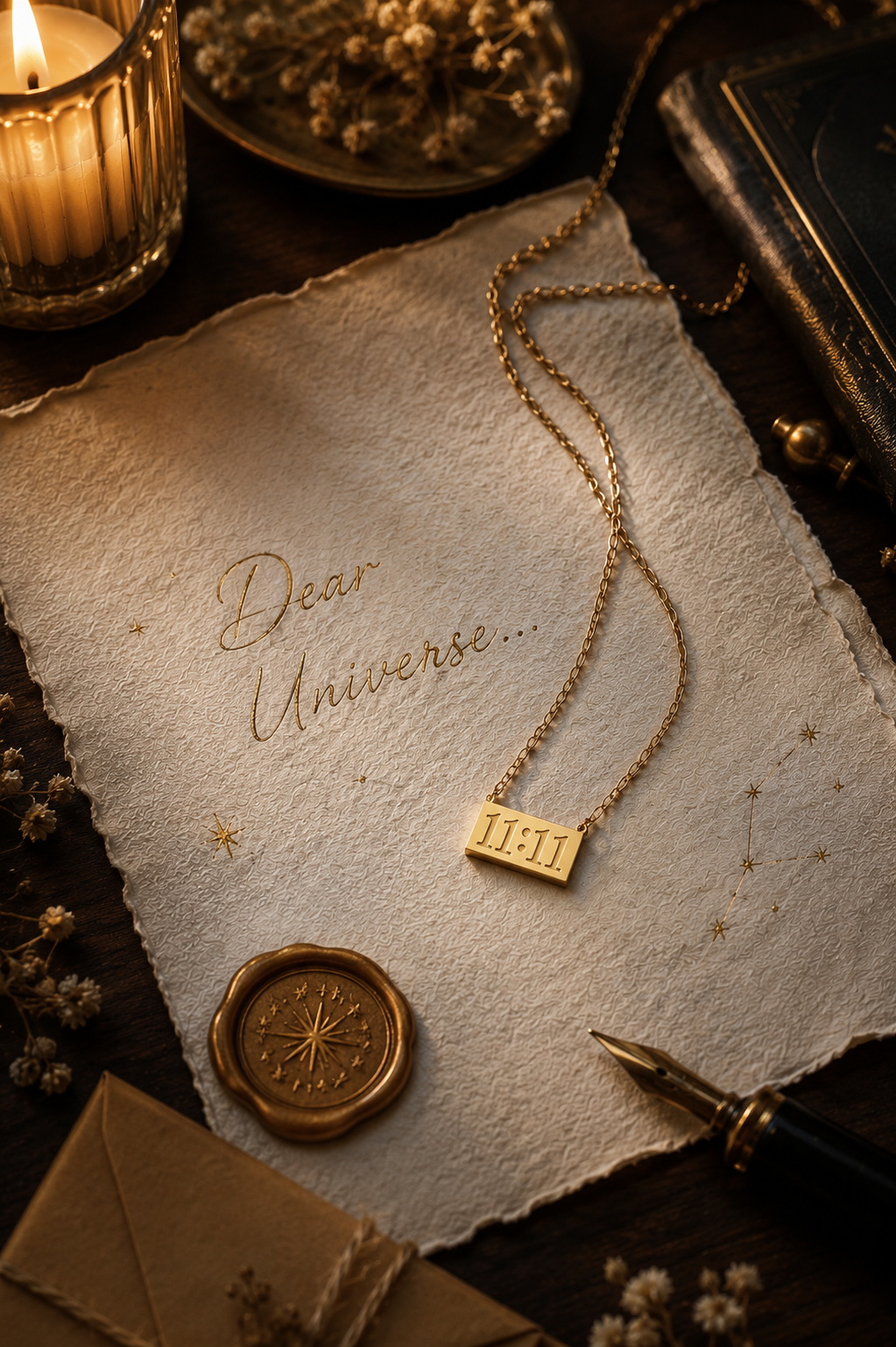 VIYOMA 11:11 Manifest Pendant necklace styled on a handwritten Dear Universe letter with candlelight, symbolizing manifestation, intention and positive energy.