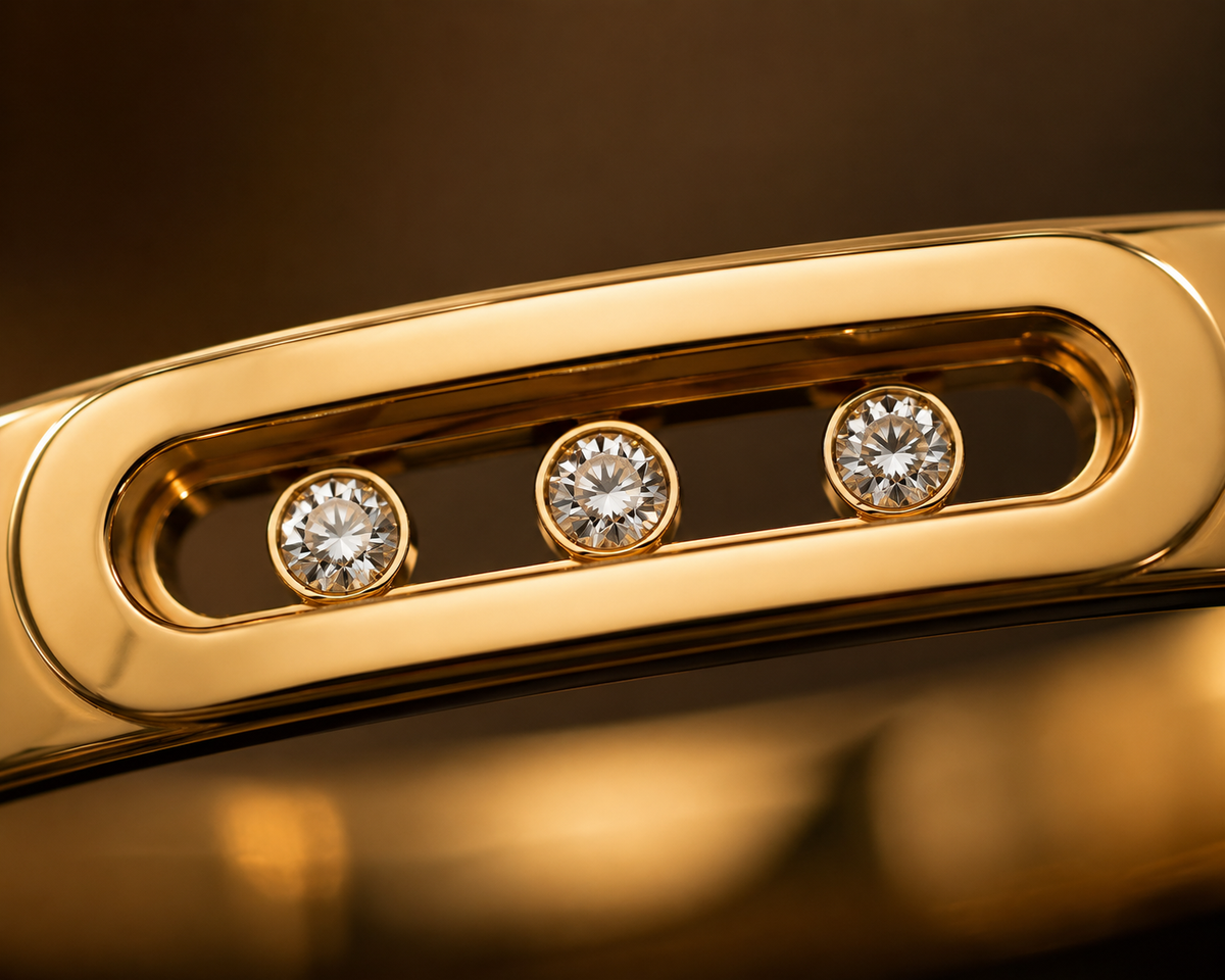Close-up of the VIYOMA Starlight Trinity Cuff highlighting three round-cut crystal stones set within a sleek gold-toned open-frame design.