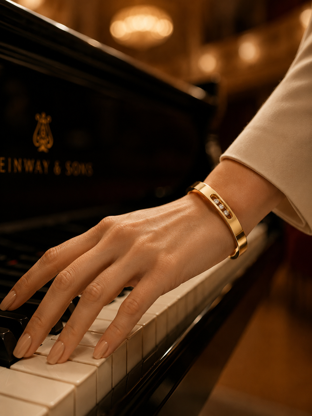 VIYOMA Starlight Trinity Cuff worn on wrist beside piano keys, featuring three sparkling crystal stones in a sleek anti-tarnish gold bracelet.