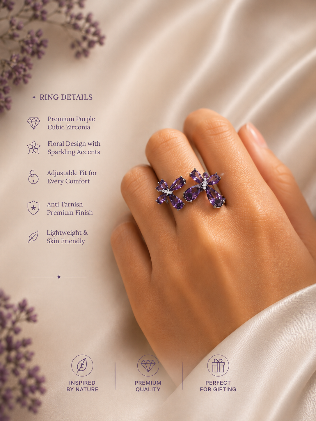 Close-up of the VIYOMA Butterfly Rift Ring showcasing violet cubic zirconia stones, butterfly-inspired floral design, adjustable fit, anti-tarnish finish, and lightweight comfort.