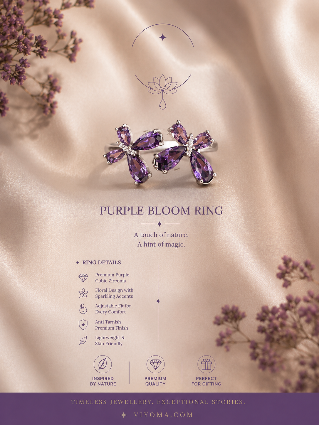 VIYOMA Butterfly Rift Ring displayed on champagne satin fabric with violet crystal butterfly motifs, adjustable open-band design, premium quality details, and gifting features.
