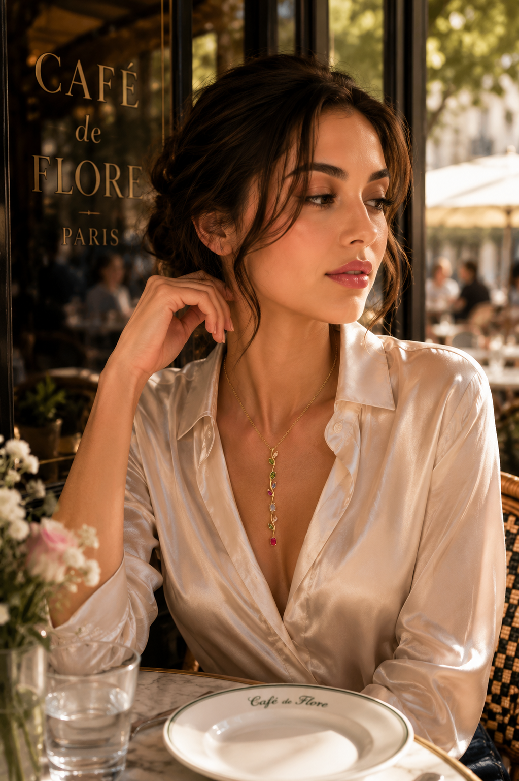 Woman wearing the VIYOMA Vasantika Drop Pendant, a multicolor crystal vine necklace styled with a satin blouse at a Parisian café setting.
