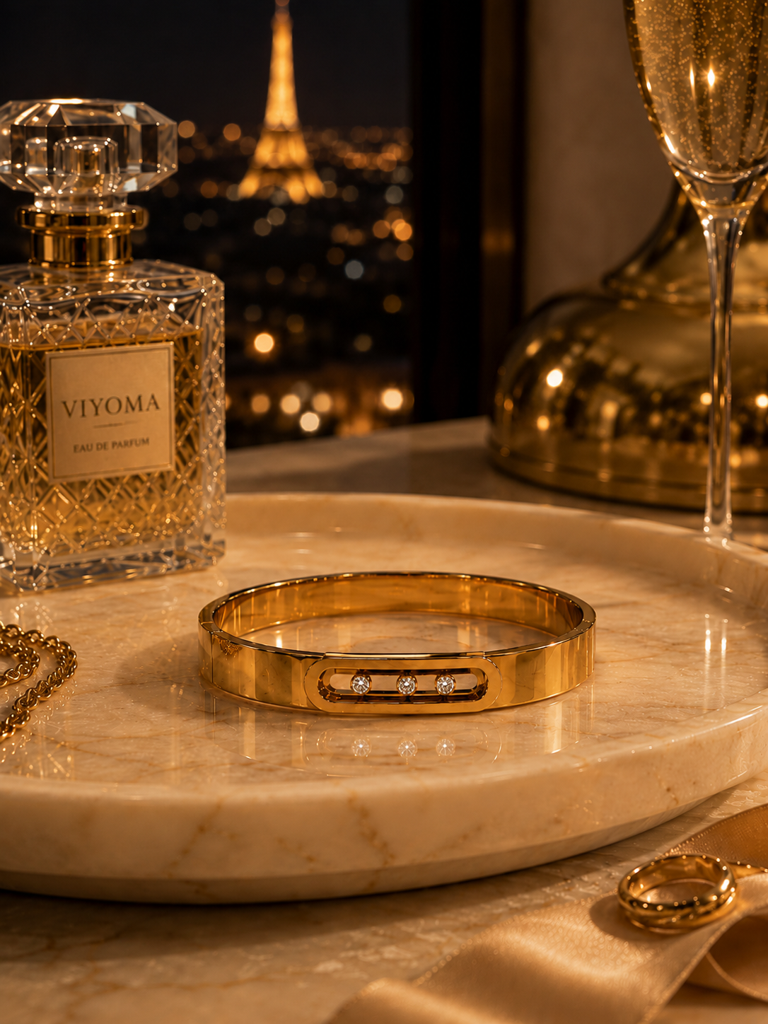 VIYOMA Starlight Trinity Cuff showcased on a marble tray with luxury accessories, featuring a polished gold finish and three sparkling crystal stones.
