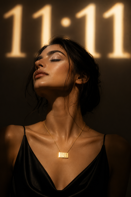 Close-up portrait of a woman wearing the VIYOMA 11:11 Manifest Pendant necklace against a glowing 11:11 backdrop, representing alignment and new beginnings.