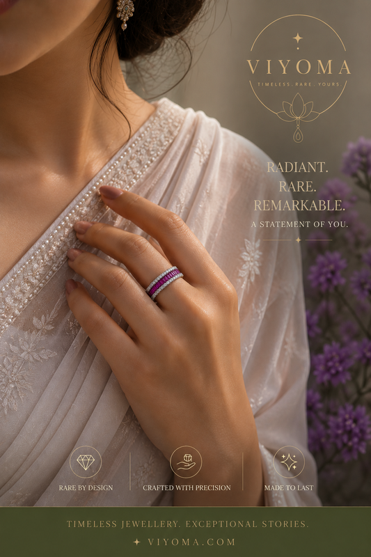 Model wearing the VIYOMA Orchid Eternity Ring with an elegant embroidered outfit, showcasing vibrant purple crystals and timeless sophistication.